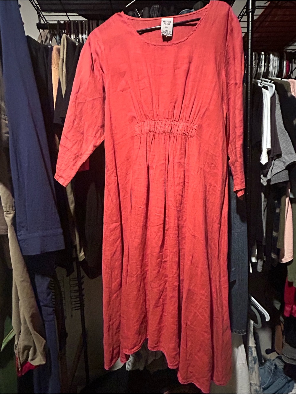 Women's burnt orange 100%linen Midi Dress - Casual Long Sleeve ptp-20 length 44